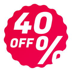 40% Off Round starbursts zigzag shape sales badge icon in red color, Shopping label concept for sales tags. Colorful flat design for app ads web button ui ux elements isolated on white background