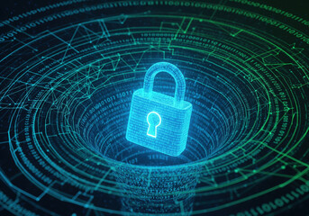Digital Lock Icon in Cyber Black Hole Representing Data Security