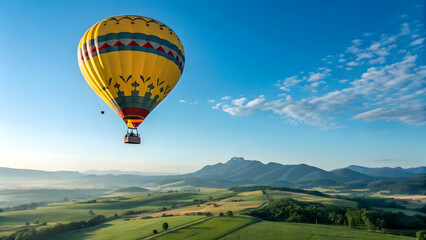 Obraz premium A vibrant hot air balloon soars above a scenic landscape with rolling hills and a clear blue sky on a sunny day.