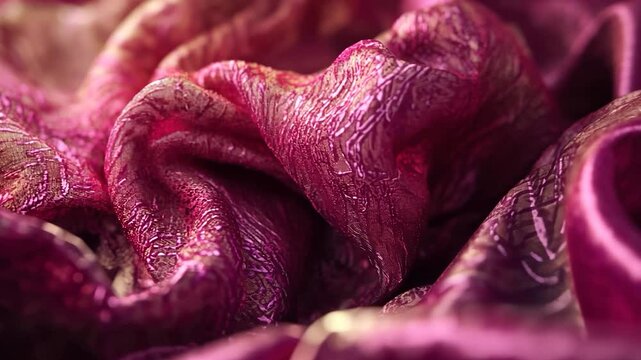Close-up of a deep magenta fabric with subtle gold pattern