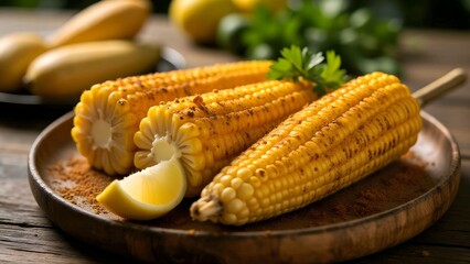Grilled corn on the cob served on a wooden plate with lemon wedges and garnished with fresh herbs.