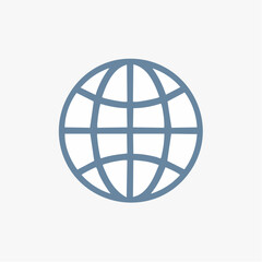 Stylized globe icon with blue grid lines on a white background, representing global connectivity.