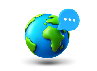 The Earth with speech bubble icon isolated on white background. 3d vector illustration