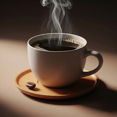Steaming Cup of Freshly Brewed Coffee with Bean on Saucer