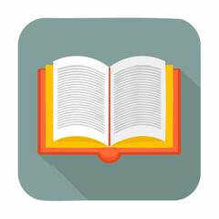 Open book with orange cover, pages filled with text, displayed on a square icon.