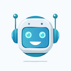 A cheerful, cartoon robot face with a smiling expression and antenna details.