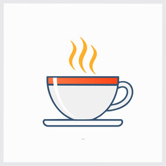 A stylized illustration of a steaming cup of coffee or tea on a saucer, outlined in blue and red.