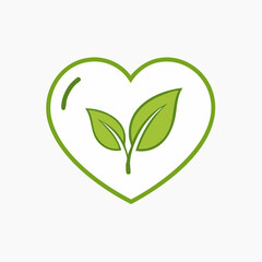 A green heart-shaped outline containing two fresh, vibrant green leaves.