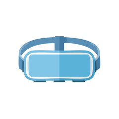 Blue VR headset with a strap, presented in a flat vector illustration, isolated on white.