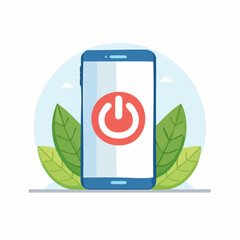 Smartphone displaying power off symbol, surrounded by leaves, suggesting digital detox or device rest.