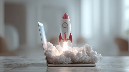 A vibrant rocket launching from an open laptop, symbolizing innovation and creativity in technology.