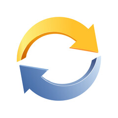 A graphic illustration of two arrows, one gold and one blue, forming a circular motion.