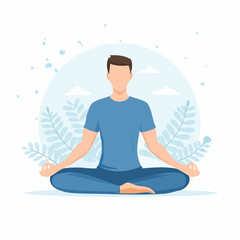 Man in lotus position meditating with a blue color palette and leaf background.