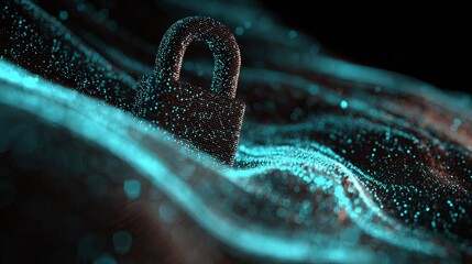 A digital lock amidst glowing particles, symbolizing cybersecurity and data protection in a futuristic setting.
