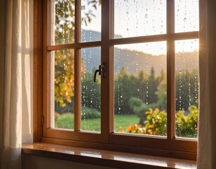 Serene Autumn View Golden Hour Sunlight Through Rainy Windowpane