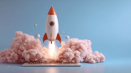A vibrant rocket launching from a laptop, surrounded by colorful clouds, symbolizing innovation and creative ideas.