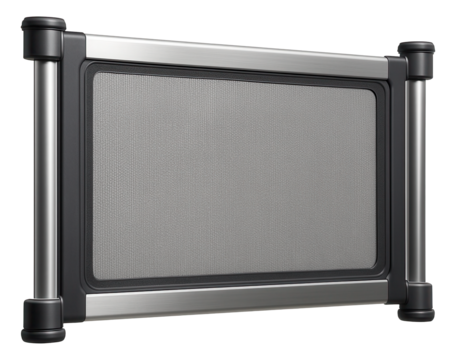 Pressure-mounted stair barrier with a mesh panel, ideal for rental apartments where drilling is not allowed.