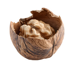 Half Walnut Shell with Kernel Isolated on Transparent Background

