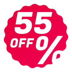 55% Off Round starbursts zigzag shape sales badge icon in red color, Shopping label concept for sales tags. Colorful flat design for app ads web button ui ux elements isolated on white background