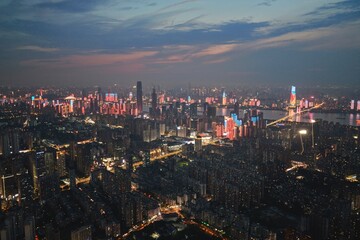 Fototapeta premium Night aerial view of Wuhan city, China