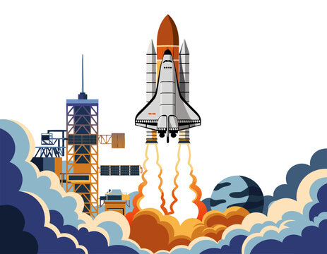 A space shuttle launching from a launchpad, surrounded by clouds and other space-related structures.