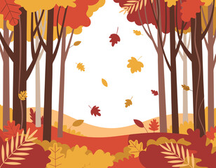 A vibrant illustration of an autumn forest scene with falling leaves and colorful foliage.