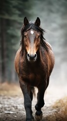 Obraz premium Majestic horse running through a misty forest path in early morning light, capturing wild beauty and grace