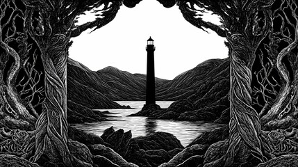 Fototapeta premium Lighthouse nestled amongst twisting trees by a tranquil body of water.