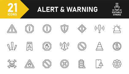 Alert and Warning line icon set. Set of 21 outline icons related to alert sign, warning, danger, hazard, attention sign, caution and others. Editable stroke. Vector illustration.