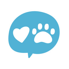 Dog paw and heart inside speech bubble. Vector illustration on white background.