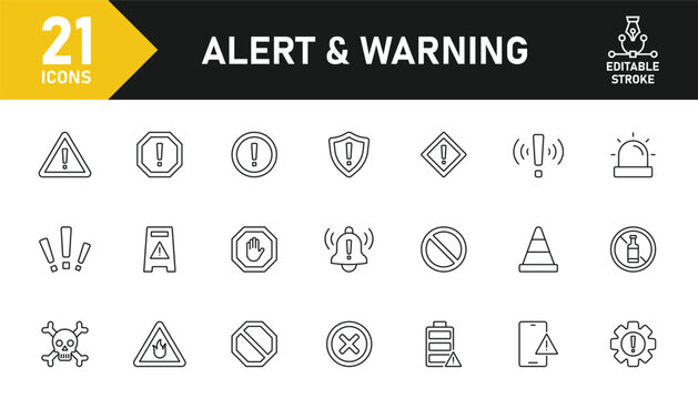 Alert and Warning line icon set. Set of 21 outline icons related to alert sign, warning, danger, hazard, attention sign, caution and others. Editable stroke. Vector illustration.