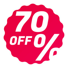 70% Off Round starbursts zigzag shape sales badge icon in red color, Shopping label concept for sales tags. Colorful flat design for app ads web button ui ux elements isolated on white background