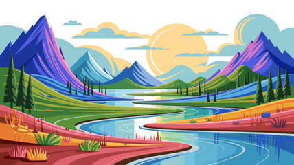 Fototapeta premium Colorful illustration of a scenic landscape with mountains, river, and sun.