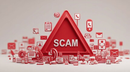 A striking red triangular warning sign labeled 'SCAM' surrounded by various icons representing digital communication.