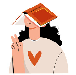 Young woman with a book covering her face, making a peace sign. Illustration symbolizes love for reading, relaxation, and playful attitude toward learning. Simple and modern vector design.