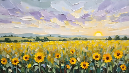 Sunflower field oil painting with pastel sky, colorful floral landscape, high resolution printable art
