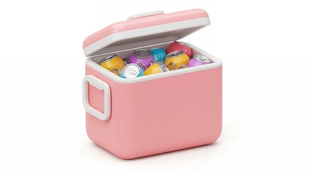 Pink portable cooler with colorful items inside