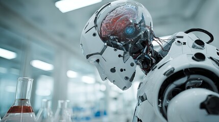 A futuristic humanoid robot with a transparent head showcasing intricate circuitry and a glowing brain, set in a high-tech laboratory.