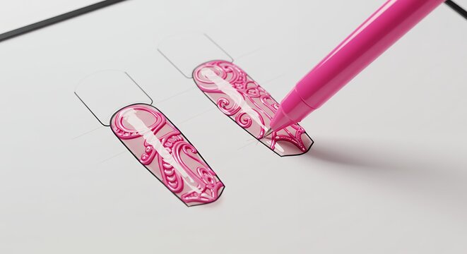 Pink marker applying nail art design on drawing