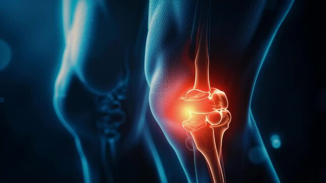 A knee with a red mark on it. The knee is shown in a blue background. The knee is in a position that is bent at the knee joint