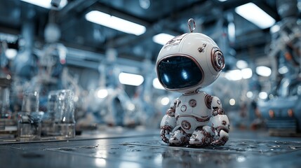 A small, futuristic robot with a round head and glowing blue eyes, sitting in a high-tech environment filled with machinery.