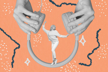 Full 3d art pop image collage of happy girl guy dance inside headphones volume music entertainment...