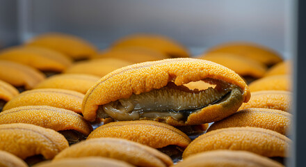 Vacuum freeze-drying of sea urchins (South Korea). uni roe in freeze-dry chambers, preserving perfect tongue structure, high-tech seafood facility 