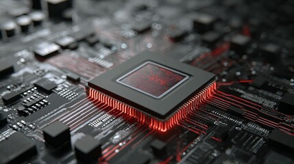 A close-up view of a modern computer processor on a circuit board, showcasing intricate details and glowing red accents.