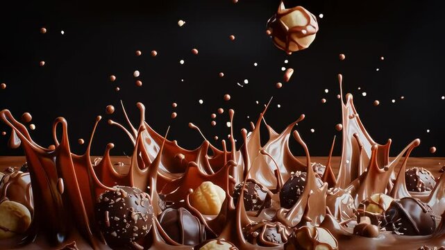 A chocolate fountain with many different types of chocolate and nuts. The chocolate is flowing out of the fountain and splashing onto the ground. Scene is playful and indulgent, as it showcases a fun