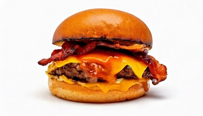 Juicy smash burger with crispy bacon, cheddar cheese, BBQ sauce – close-up food photography