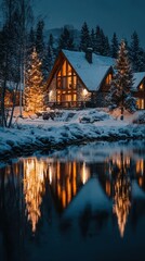 Fototapeta premium Charming winter lodge reflects serene holiday lights along a tranquil river bank at dusk