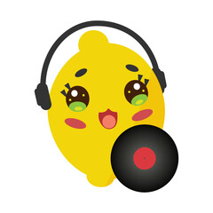 Cute lemon with headphones and record. Healthy eating mascot listening to music. Cute fruit for kids. Vector illustration isolated on white background for kitchen decor, recipe book, shop sign