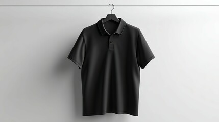 Elegant black polo shirt hanging on a sleek, minimalistic hanger.
