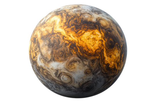 A fiery storm planet with bold swirling textures and contrast.